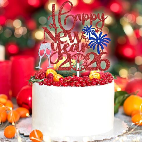 Tivurcia Happy New Year 2026 Cake Topper, Welcome 2026 Goodbye 2025, New Year Eve/Happy Hoilday/Merry Christmas Party Decorations Supplies, Photo Props, Red and Gold Glitter in Saudi Arabia