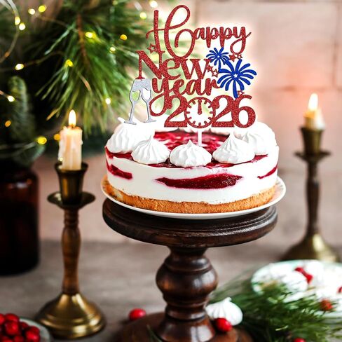 Tivurcia Happy New Year 2026 Cake Topper, Welcome 2026 Goodbye 2025, New Year Eve/Happy Hoilday/Merry Christmas Party Decorations Supplies, Photo Props, Red and Gold Glitter in Saudi Arabia
