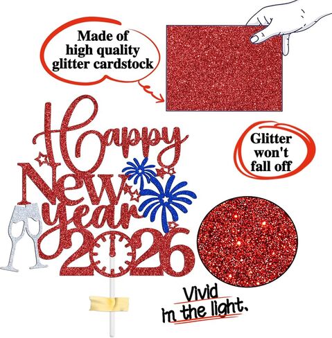 Tivurcia Happy New Year 2026 Cake Topper, Welcome 2026 Goodbye 2025, New Year Eve/Happy Hoilday/Merry Christmas Party Decorations Supplies, Photo Props, Red and Gold Glitter in Saudi Arabia