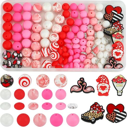 HUAAPLEVLA 121 Pcs Valentines Day Themed 12mm 15mm Silicone Beads Kit for Keychain Making Heart Beads Round Focal Beads for Pens Bracelets Necklace DIY Crafts Jewelry Making in Saudi Arabia
