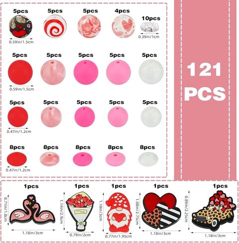 HUAAPLEVLA 121 Pcs Valentines Day Themed 12mm 15mm Silicone Beads Kit for Keychain Making Heart Beads Round Focal Beads for Pens Bracelets Necklace DIY Crafts Jewelry Making in Saudi Arabia