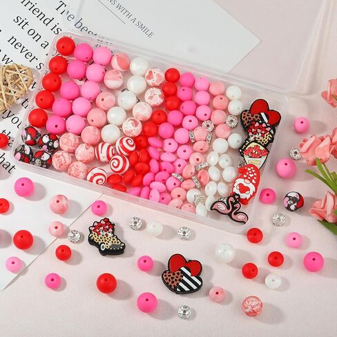 HUAAPLEVLA 121 Pcs Valentines Day Themed 12mm 15mm Silicone Beads Kit for Keychain Making Heart Beads Round Focal Beads for Pens Bracelets Necklace DIY Crafts Jewelry Making in Saudi Arabia