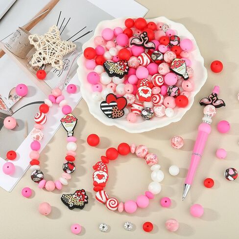 HUAAPLEVLA 121 Pcs Valentines Day Themed 12mm 15mm Silicone Beads Kit for Keychain Making Heart Beads Round Focal Beads for Pens Bracelets Necklace DIY Crafts Jewelry Making in Saudi Arabia