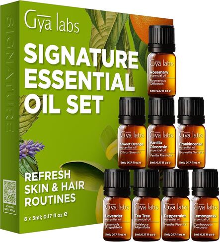 Gya Labs Good Vibes Essential Oil Set, Essential Oils For Diffusers For Home & Gift Set - Self-Care, Skin, Candle Making - Peppermint, Rosemary, Rose Geranium, Lemongrass, Roman Chamomile - 8 x 0.17oz in Kuwait
