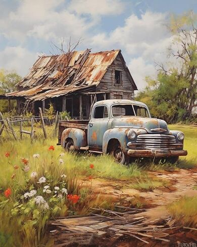 FUKVHIL Adults' Paint by Number Kits, Retro Truck, Pickup Truck, House, Paint by Number Kits on Canvas, DIY Oil Paintings for Beginners Arts and Crafts, 40x50cm No Frame in Kuwait