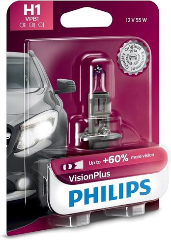 Philips Automotive Lighting H1 VisionPlus ترقية المصباح الأمامي البديل للسيارات مع رؤية أكثر بنسبة تصل إلى 60%، تناسب اختيار الشعاع العالي، أو الشعاع المنخفض، أو أوضاع الضباب (عبوة من 1) in Kuwait