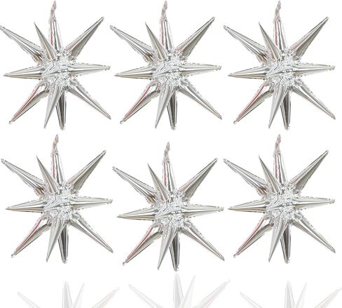 6 Pcs Silver Star Foil Balloons One-Piece 14-Pointed Star Balloon 4D Cone Mylar 22inch Christmas Birthday Wedding Fireworks Shape Party Supplies (Silver) in Saudi Arabia