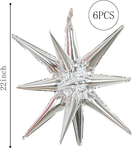 6 Pcs Silver Star Foil Balloons One-Piece 14-Pointed Star Balloon 4D Cone Mylar 22inch Christmas Birthday Wedding Fireworks Shape Party Supplies (Silver) in Saudi Arabia