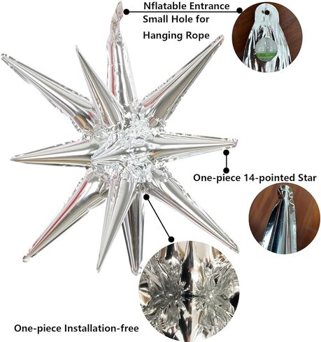6 Pcs Silver Star Foil Balloons One-Piece 14-Pointed Star Balloon 4D Cone Mylar 22inch Christmas Birthday Wedding Fireworks Shape Party Supplies (Silver) in Saudi Arabia