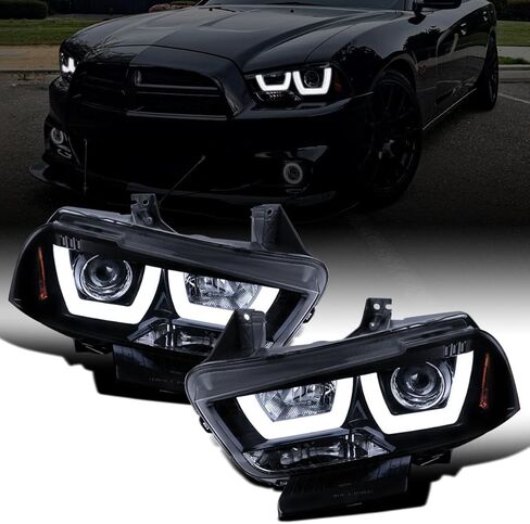 Ronnin - Fits 2011-2014 Dodge Charger Upgraded LED U-Shaped Dual Halo Rims Halogen Projector Headlights Assembly Pair | Black Smoke in Saudi Arabia