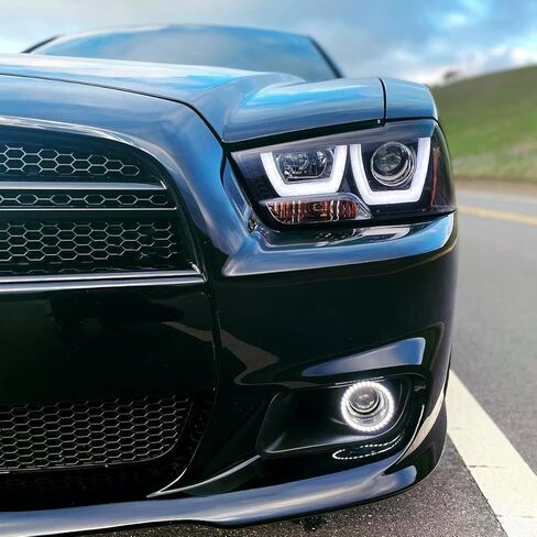 Ronnin - Fits 2011-2014 Dodge Charger Upgraded LED U-Shaped Dual Halo Rims Halogen Projector Headlights Assembly Pair | Black Smoke in Saudi Arabia