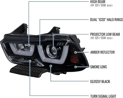 Ronnin - Fits 2011-2014 Dodge Charger Upgraded LED U-Shaped Dual Halo Rims Halogen Projector Headlights Assembly Pair | Black Smoke in Saudi Arabia