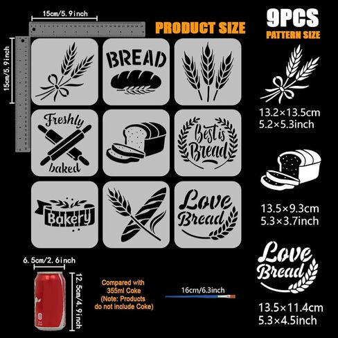FINGERINSPIRE 9PCS Bread Pattern Painting Stencil with Paint Brush 5.9x5.9inch Decorative Wheat Words Pattern Drawing Template Plastic PET Bakery Bread Stencil Daily Theme Template for DIY Crafts in Saudi Arabia
