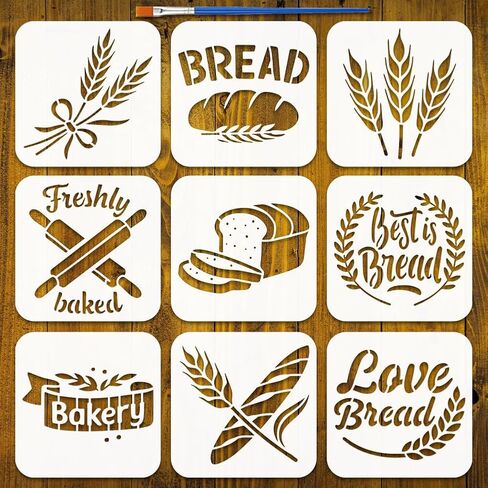 FINGERINSPIRE 9PCS Bread Pattern Painting Stencil with Paint Brush 5.9x5.9inch Decorative Wheat Words Pattern Drawing Template Plastic PET Bakery Bread Stencil Daily Theme Template for DIY Crafts in Saudi Arabia