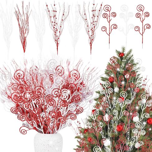54 Pcs Christmas Tree Picks 17''+12'' Artificial Glitter Berry Stem Christmas Tree Decoration Ornaments Red Green Gold Candy Shape Curly Picks Branches for Vase Xmas Tree Decor in Saudi Arabia
