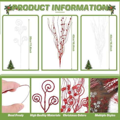 54 Pcs Christmas Tree Picks 17''+12'' Artificial Glitter Berry Stem Christmas Tree Decoration Ornaments Red Green Gold Candy Shape Curly Picks Branches for Vase Xmas Tree Decor in Saudi Arabia