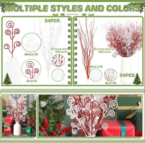 54 Pcs Christmas Tree Picks 17''+12'' Artificial Glitter Berry Stem Christmas Tree Decoration Ornaments Red Green Gold Candy Shape Curly Picks Branches for Vase Xmas Tree Decor in Saudi Arabia