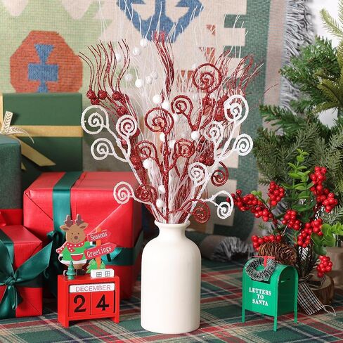 54 Pcs Christmas Tree Picks 17''+12'' Artificial Glitter Berry Stem Christmas Tree Decoration Ornaments Red Green Gold Candy Shape Curly Picks Branches for Vase Xmas Tree Decor in Saudi Arabia