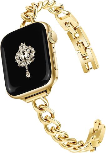 Newlibery سوار ذهبي نحيف للنساء أنثوي وأنيق متوافق مع ساعة Apple 38 مم 40 مم 41 مم 42 مم 44 مم 45 مم، سوار سلسلة أنيق قابل للتعديل لسلسلة iWatch 9/8/7/6/5/4/3/2/1/SE in Kuwait