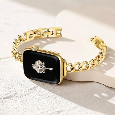 Newlibery سوار ذهبي نحيف للنساء أنثوي وأنيق متوافق مع ساعة Apple 38 مم 40 مم 41 مم 42 مم 44 مم 45 مم، سوار سلسلة أنيق قابل للتعديل لسلسلة iWatch 9/8/7/6/5/4/3/2/1/SE in Kuwait