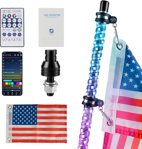 1pcs 3FT RGB LED Light Whips with App & Remote Control & Music Synced Waterproof LED Whip Light with 1 Flags, RGB Chasing Lighted Whips with Rocker Switch for UTV ATV Polaris RZR Can-Am in Saudi Arabia