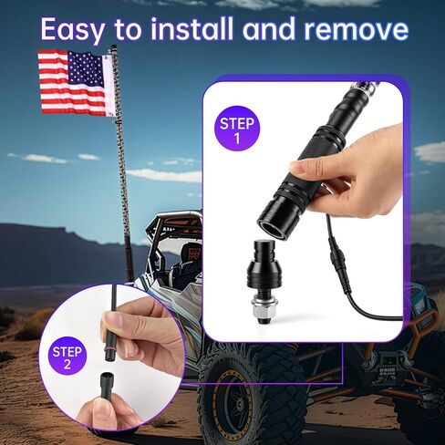 1pcs 3FT RGB LED Light Whips with App & Remote Control & Music Synced Waterproof LED Whip Light with 1 Flags, RGB Chasing Lighted Whips with Rocker Switch for UTV ATV Polaris RZR Can-Am in Saudi Arabia