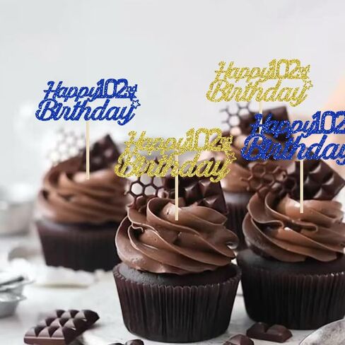 24 قطعة من أغطية الكب كيك لعيد الميلاد الـ 102 باللون الأزرق والذهبي اللامع - مستلزمات تزيين الحفلات الرائعة لعيد الميلاد 102 سنة 102 in Kuwait