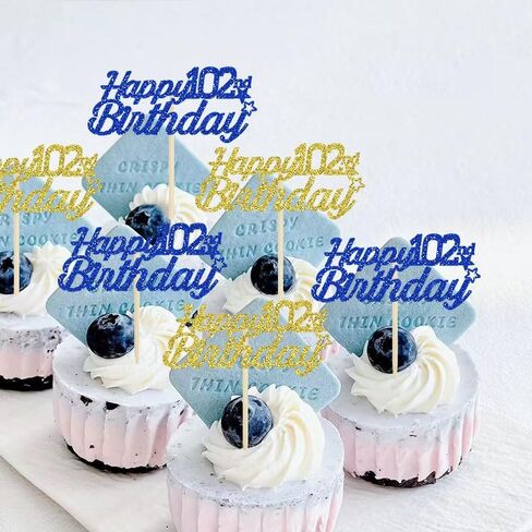 24 قطعة من أغطية الكب كيك لعيد الميلاد الـ 102 باللون الأزرق والذهبي اللامع - مستلزمات تزيين الحفلات الرائعة لعيد الميلاد 102 سنة 102 in Kuwait
