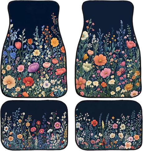 Wildflower Car Floor Mats Set of 4 Colorful Bloom Floral Field Automotive Foot Mats Rugs Carpet for Car Non-Slip Auto Car Accessories Universal Fit Car Accessories for Truck in Saudi Arabia