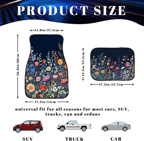 Wildflower Car Floor Mats Set of 4 Colorful Bloom Floral Field Automotive Foot Mats Rugs Carpet for Car Non-Slip Auto Car Accessories Universal Fit Car Accessories for Truck in Saudi Arabia