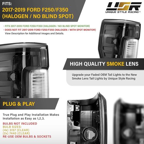 USR UNIQUE STYLE RACING Tail Light – Rear Lamps (Left + Right) Compatible with 2017-2019 Ford F250 F350 SuperDuty Pick Up Truck Super Duty HALOGEN & NO Blind Spot (SMOKE LENS WITH GUN METAL HOUSING) in Saudi Arabia