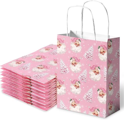 24Pcs Christmas Paper Gift Bags Pink Santa Claus Xmas Tree Party Favor Bags with Handle Goodie Candy Treat Bags for Christmas Holiday Baby Shower in Saudi Arabia