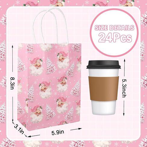 24Pcs Christmas Paper Gift Bags Pink Santa Claus Xmas Tree Party Favor Bags with Handle Goodie Candy Treat Bags for Christmas Holiday Baby Shower in Saudi Arabia