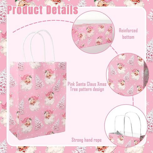 24Pcs Christmas Paper Gift Bags Pink Santa Claus Xmas Tree Party Favor Bags with Handle Goodie Candy Treat Bags for Christmas Holiday Baby Shower in Saudi Arabia
