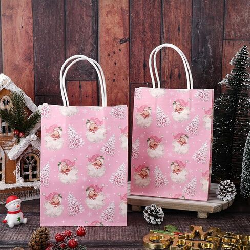 24Pcs Christmas Paper Gift Bags Pink Santa Claus Xmas Tree Party Favor Bags with Handle Goodie Candy Treat Bags for Christmas Holiday Baby Shower in Saudi Arabia