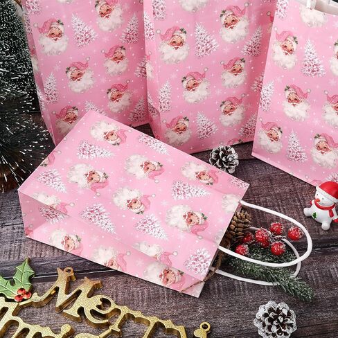 24Pcs Christmas Paper Gift Bags Pink Santa Claus Xmas Tree Party Favor Bags with Handle Goodie Candy Treat Bags for Christmas Holiday Baby Shower in Saudi Arabia