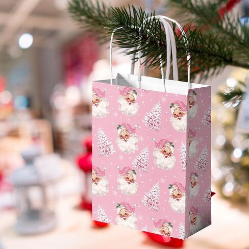 24Pcs Christmas Paper Gift Bags Pink Santa Claus Xmas Tree Party Favor Bags with Handle Goodie Candy Treat Bags for Christmas Holiday Baby Shower in Saudi Arabia