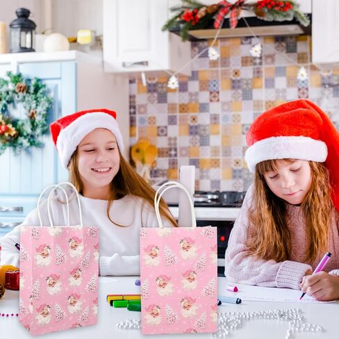 24Pcs Christmas Paper Gift Bags Pink Santa Claus Xmas Tree Party Favor Bags with Handle Goodie Candy Treat Bags for Christmas Holiday Baby Shower in Saudi Arabia