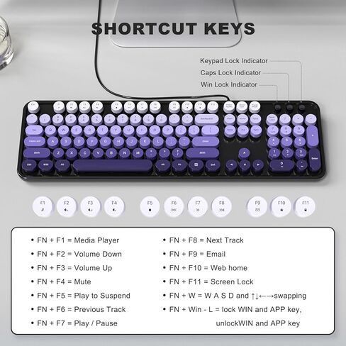 MOFII Wired Keyboard, Cute Colorful Keyboard Full Size, Retro Typewriter Keyboard with Round Keys, USB Computer Keyboard for PC, Laptop, Desktop, Windows (Pink) in Kuwait