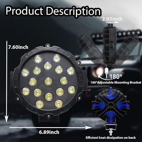 مصابيح LED مستديرة للطرق الوعرة 7 بوصة 51 وات 5000 لومن مجموعة البقع والفيضانات IP67 مقاومة للماء للقيادة/أضواء الضباب للشاحنات وسيارات الجيب وسيارات الدفع الرباعي وATV وUTV و4x4 والقارب 2 حزمة باللون الأسود in Kuwait