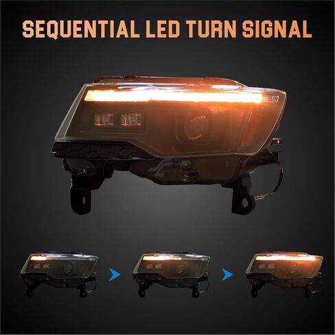 STARCLUSTER متوافق مع طراز Jeep Grand Cherokee 2014-2021 الهالوجين فقط، غير متوافق مع طراز Xenon/HID، أضواء التشغيل مع الرسوم المتحركة لبدء التشغيل، إشارة الانعطاف LED الخلفية in Kuwait