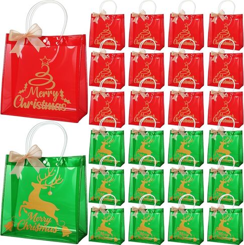 SilTriangle 24 Pcs Clear Christmas Gift Bags Bulk Christmas Red Green Reusable PVC Candy Goodie Treat Bags with Handles Bows for Xmas Winter Holiday Party Favor Supplies, 7.8 x 7.8 x 3.15 Inch in Saudi Arabia