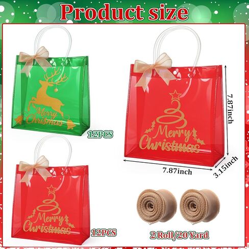 SilTriangle 24 Pcs Clear Christmas Gift Bags Bulk Christmas Red Green Reusable PVC Candy Goodie Treat Bags with Handles Bows for Xmas Winter Holiday Party Favor Supplies, 7.8 x 7.8 x 3.15 Inch in Saudi Arabia