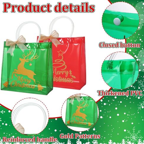 SilTriangle 24 Pcs Clear Christmas Gift Bags Bulk Christmas Red Green Reusable PVC Candy Goodie Treat Bags with Handles Bows for Xmas Winter Holiday Party Favor Supplies, 7.8 x 7.8 x 3.15 Inch in Saudi Arabia
