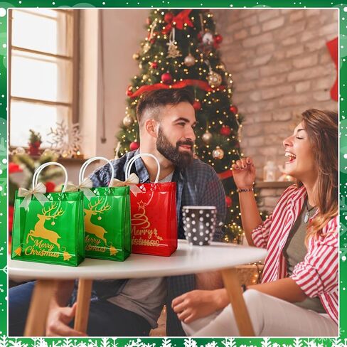 SilTriangle 24 Pcs Clear Christmas Gift Bags Bulk Christmas Red Green Reusable PVC Candy Goodie Treat Bags with Handles Bows for Xmas Winter Holiday Party Favor Supplies, 7.8 x 7.8 x 3.15 Inch in Saudi Arabia