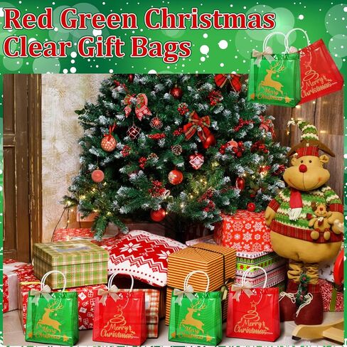 SilTriangle 24 Pcs Clear Christmas Gift Bags Bulk Christmas Red Green Reusable PVC Candy Goodie Treat Bags with Handles Bows for Xmas Winter Holiday Party Favor Supplies, 7.8 x 7.8 x 3.15 Inch in Saudi Arabia