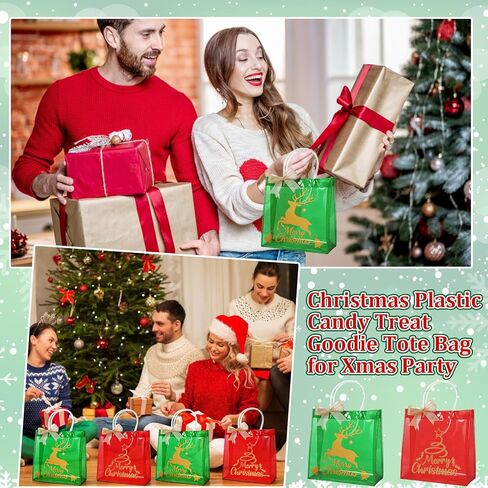 SilTriangle 24 Pcs Clear Christmas Gift Bags Bulk Christmas Red Green Reusable PVC Candy Goodie Treat Bags with Handles Bows for Xmas Winter Holiday Party Favor Supplies, 7.8 x 7.8 x 3.15 Inch in Saudi Arabia