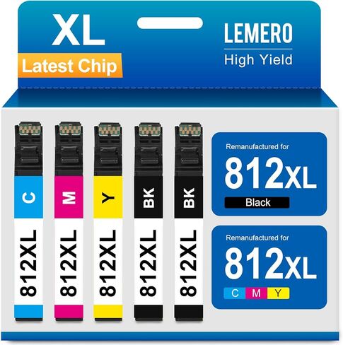 LEMERO 812XL Ink Cartridge Combo Pack Remanufactured Replacement for Epson 812XL 812 XL Ink Cartridges for Epson Workforce Pro WF-7840 WF-7820 WF-7310 Printer (5 Pack, 2 Black Cyan Yellow Magenta) in Kuwait