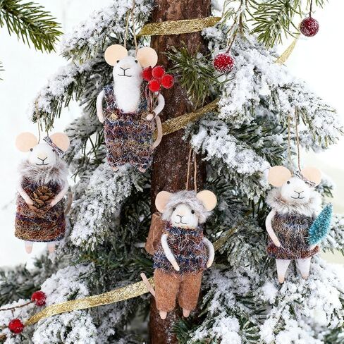 Set of 4 Christmas Felt Mice Ornaments, 5" Mini Hanging Wool Tourist Mouse Figurines, Tiered Tray Tabletop Decor, Animal Crafts Cute Xmas Tree Festival Holiday Easter Gifts Home Office Party Supply in Saudi Arabia