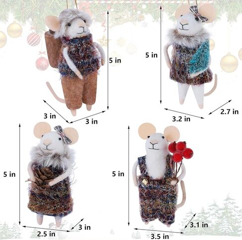 Set of 4 Christmas Felt Mice Ornaments, 5" Mini Hanging Wool Tourist Mouse Figurines, Tiered Tray Tabletop Decor, Animal Crafts Cute Xmas Tree Festival Holiday Easter Gifts Home Office Party Supply in Saudi Arabia